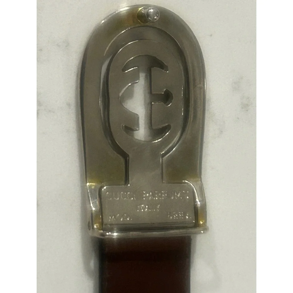 Vintage Gucci Parfums Brown Leather Belt Silver Interlocking GG Buckle 38/95